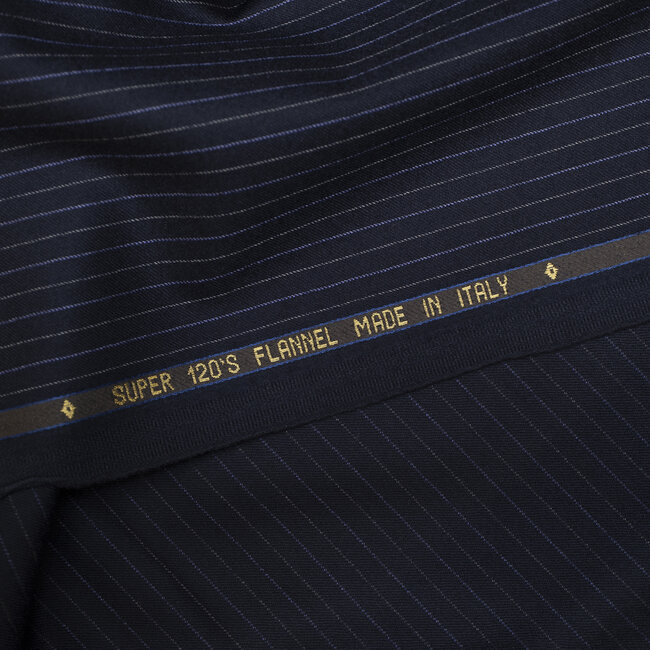 Flanelle super 120's bleu à rayures grises et violettes 