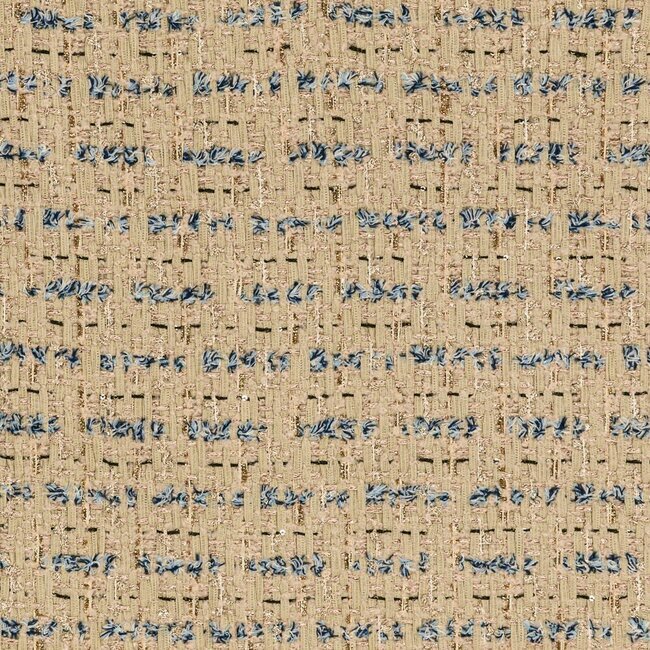 Tweed beige clair relevé de fils dorés et touches de denim bleu. Effet luxueux.