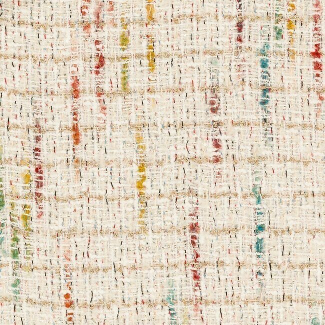 Tweed blanc parsemé de fils multicolores (bleu, jaune, rouge) et métalliques.