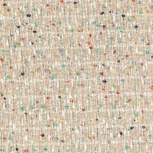 Tweed beige doux avec fils pastel (bleu ciel, rose, vert) et quelques fibres métalliques.