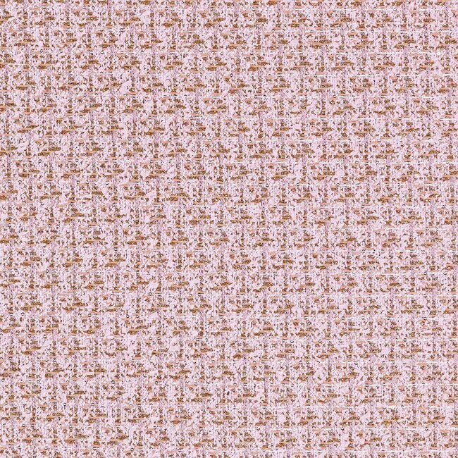 Tweed rose poudré rehaussé de fils dorés. Tissage lumineux et féminin.
