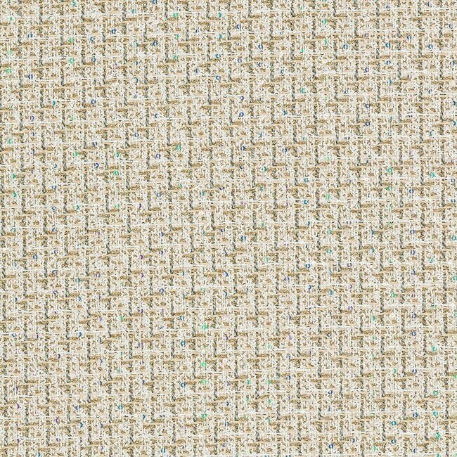 Tweed élégant blanc et or, mélange raffiné pour des tenues sophistiquées.