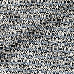 Tweed blanc cassé avec fils bleus et touches métalliques. Effet denim et aspect lumineux.