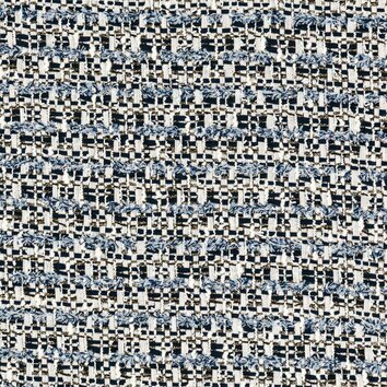 Tweed blanc cassé avec fils bleus et touches métalliques. Effet denim et aspect lumineux.