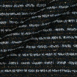 Tweed rayé bleu marine avec touches dorées et cuivrées. Aspect sophistiqué.