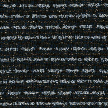 Tweed rayé bleu marine avec touches dorées et cuivrées. Aspect sophistiqué.