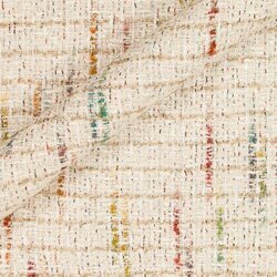 Tweed blanc parsemé de fils multicolores (bleu, jaune, rouge) et métalliques.