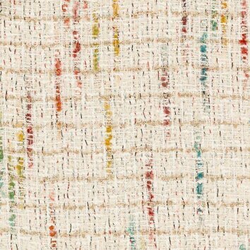 Tweed blanc parsemé de fils multicolores (bleu, jaune, rouge) et métalliques.