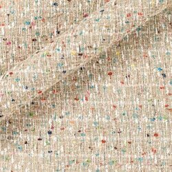 Tweed beige doux avec fils pastel (bleu ciel, rose, vert) et quelques fibres métalliques.