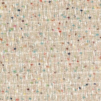 Tweed beige doux avec fils pastel (bleu ciel, rose, vert) et quelques fibres métalliques.