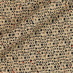 Tweed beige neutre rehaussé de touches bleues et de fibres métalliques discrètes.