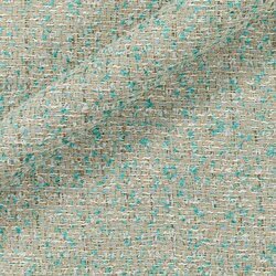 Tweed combinant fils verts olive et beige avec éclats métallisés subtils.