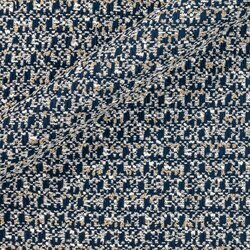 Tweed blanc et bleu alternant fils formant un quadrillage doux avec reflets métallisés.