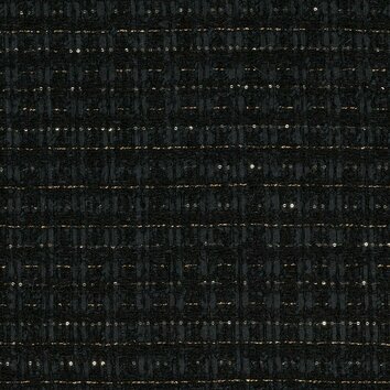 Tweed noir avec tissage serré et reflets métalliques subtils. Surface uniforme.